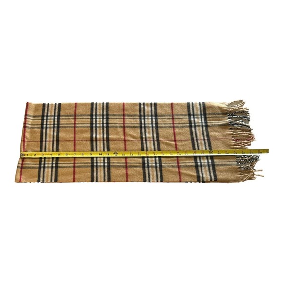 Cashmink by V Fraas Scarf Tan Black Plaid Scarf Fringe Soft Unisex 54” x 11” - Picture 6 of 7